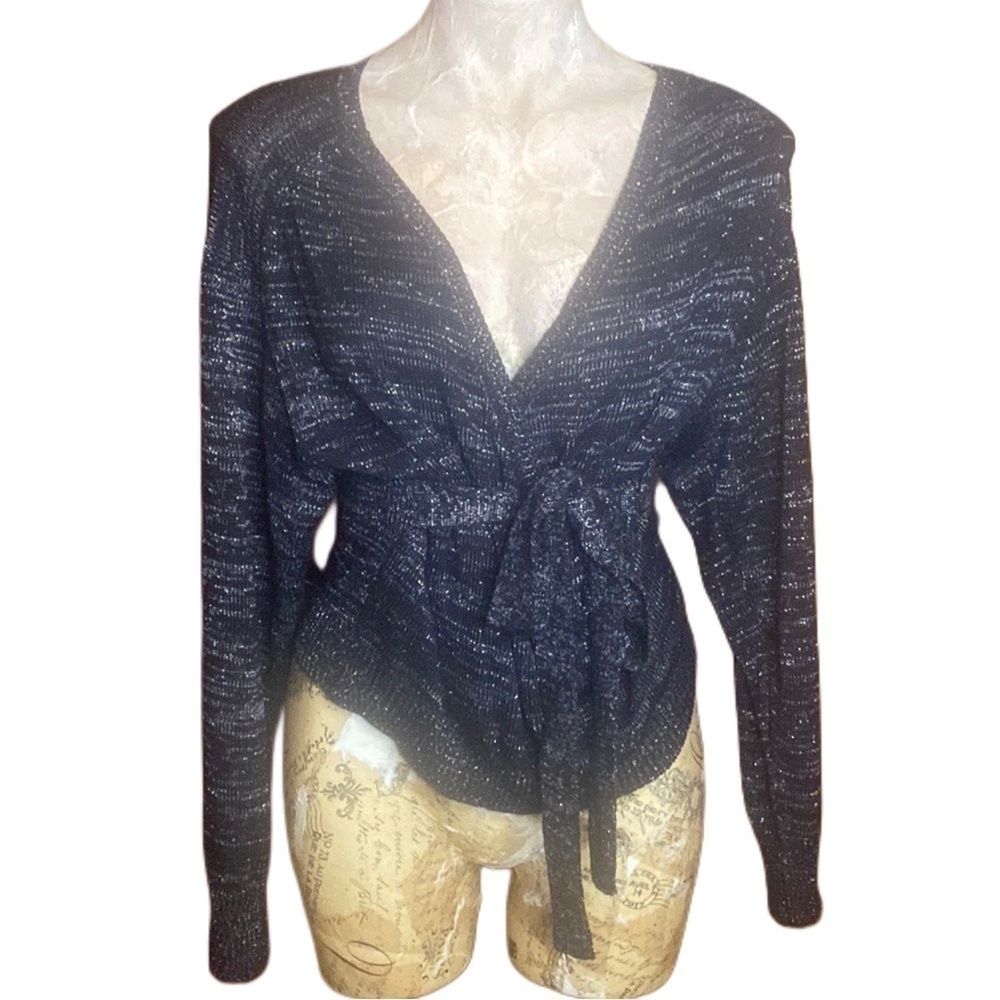 Navy Blue Sweater Lumiere Faux Wrap belted metallic v neck soft sweater Sz S